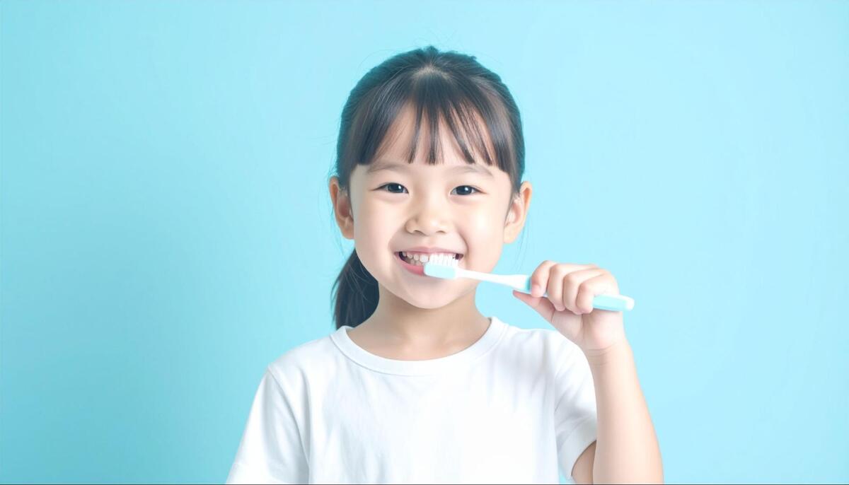 水色の背景の前で、笑顔で楽しそうに歯磨きをする白いTシャツ姿の女の子